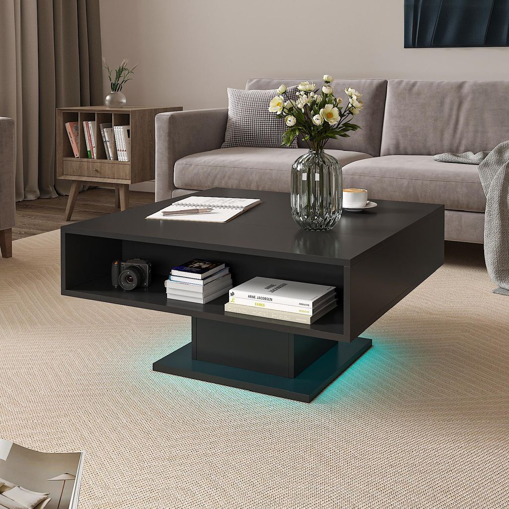 Radelldar Couchtisch höhenverstellbar mit LED Beleuchtung, Wohnzimmertisch mit Stauraum, 1-St. matt 78x78x40cm, Schwarz