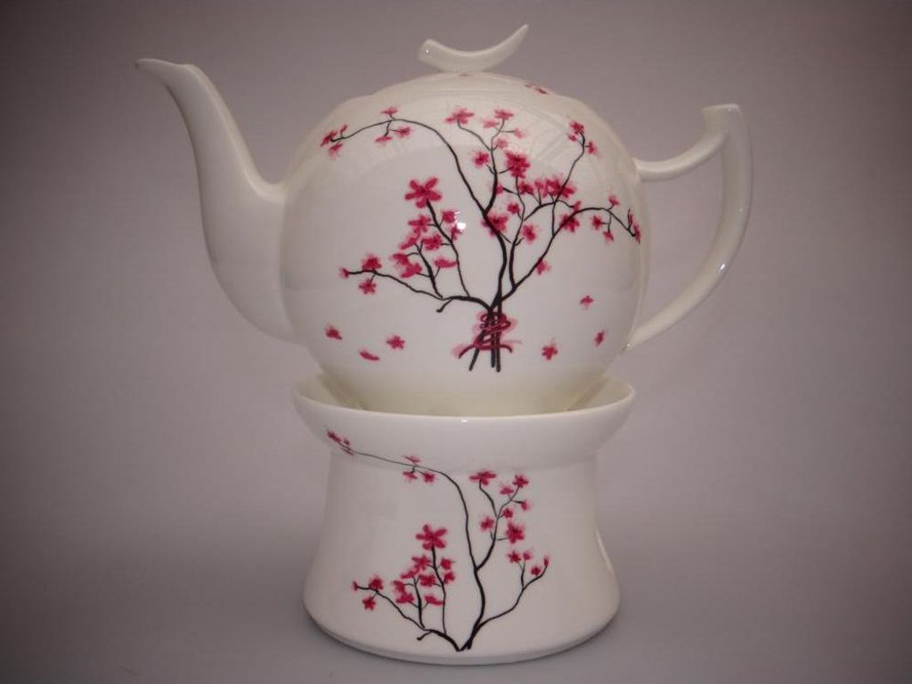 Teekanne CHERRY BLOSSOM KIRSCHBLÜTE mit Stövchen, weiß rosa, Porzellan, TeaLogic