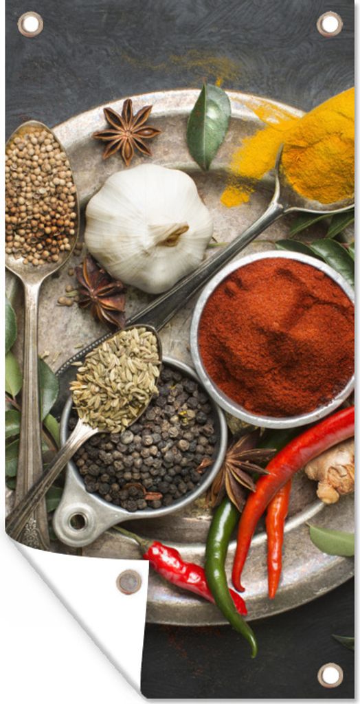 MuchoWow 30x60 cm Outdoor-Poster Gartendeko Sichtschutz Garten Poster für den Garten Gewürze - Teller - Pfeffer - Schwarz - Löffel - Silber