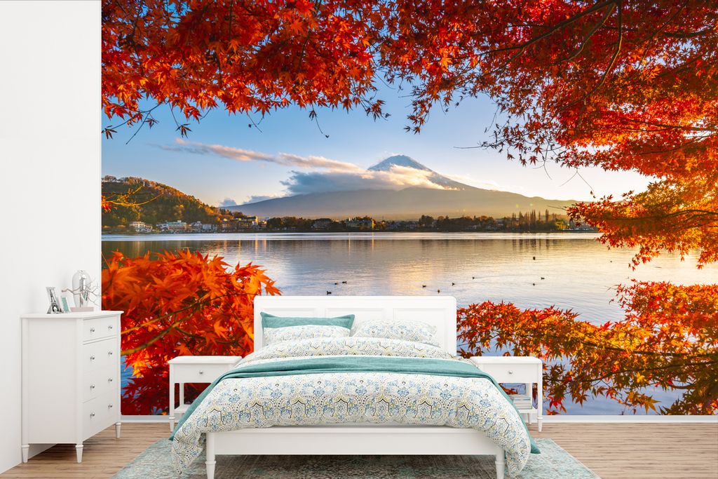 MuchoWow Fototapete für Wohnzimmer oder Schlafzimmer Wandtapete Vinyl Motivtapete Japanischer Ahorn mit Blick auf den Berg Fuji - 420x280 cm - Z...