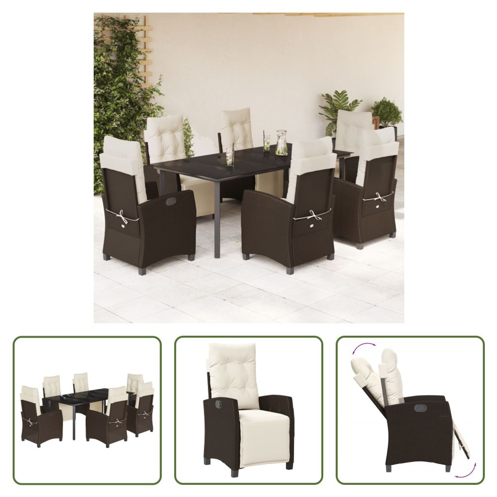 The Living Store 7-tlg. Garten-Essgruppe mit Kissen Braun Poly Rattan