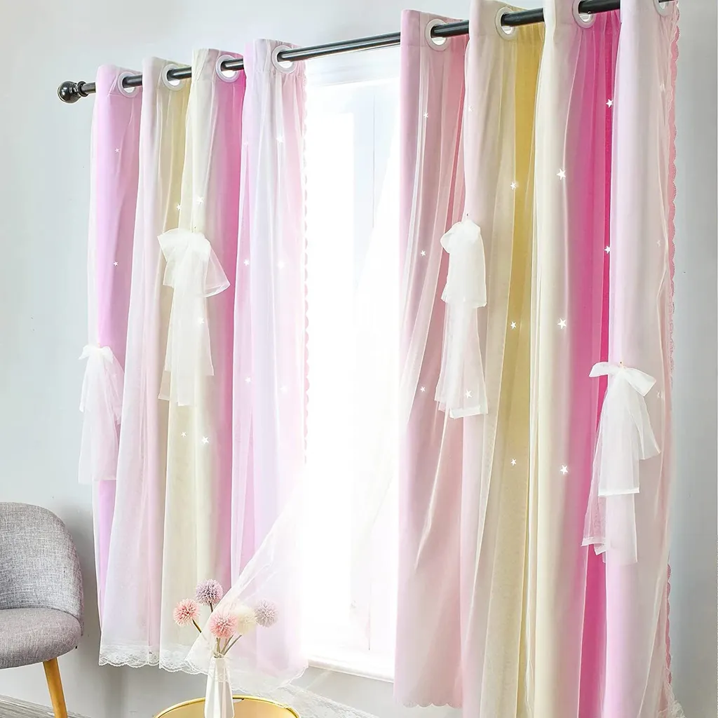 Paire de Rideaux Étoilés Opaques Rose et Jaune pour Chambre Fille 213cm