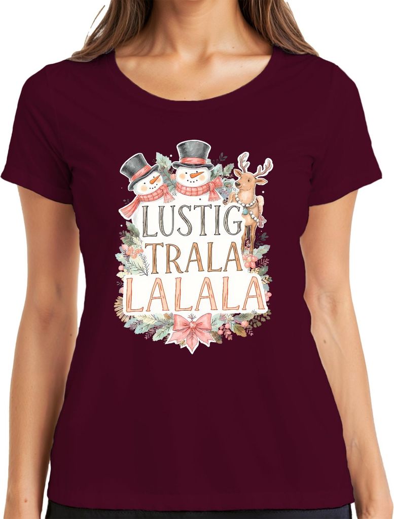 LUSTIG TRALA LALALA Weihnachten Schneemann Rentier Niedlich Retro Damen T-Shirt, Burgundy, XL