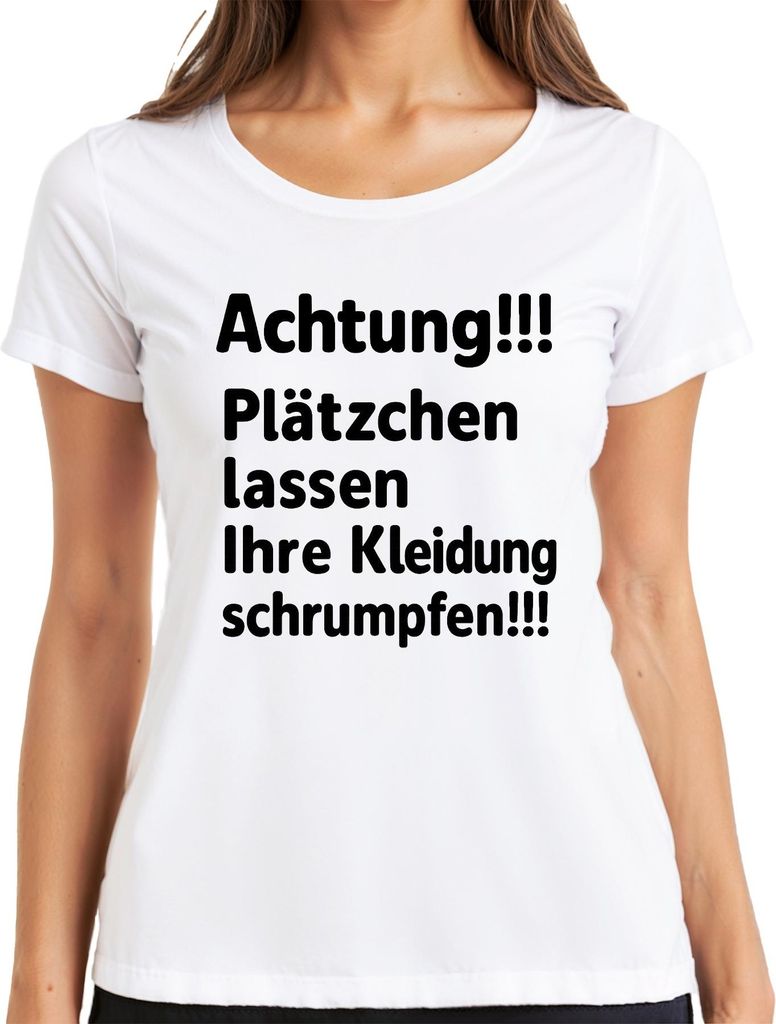 Achtung Plätzchen lassen schrumpfen Weihnachten Backen Humor Damen T-Shirt, Weiß, XL