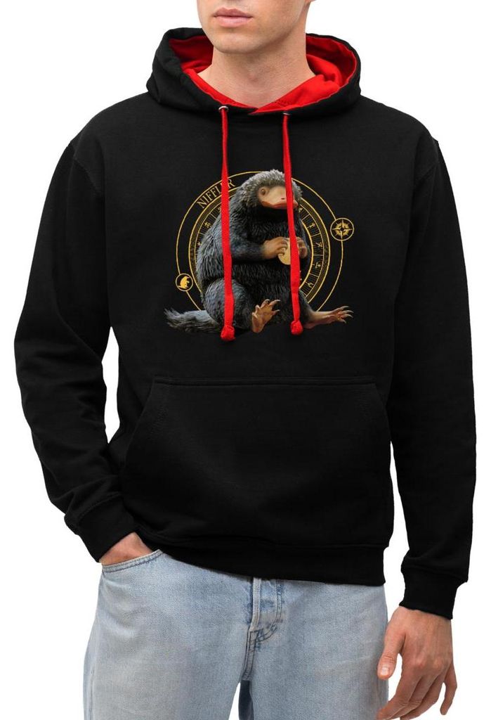 Spreadshirt Phantastische Tierwesen Niffler mit Gold Uni Kontrast Hoodie, M, Schwarz/Rot