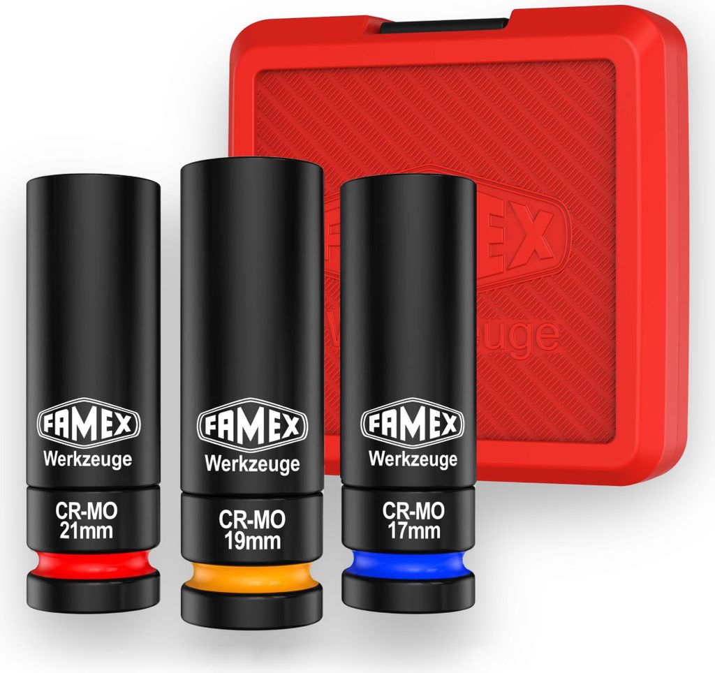 FAMEX 10807 Profi Schoneinsätze, Radmutteinsätze aus Chrom-Molybdän Stahl 17 / 19 / 21 mm, äußerst robust