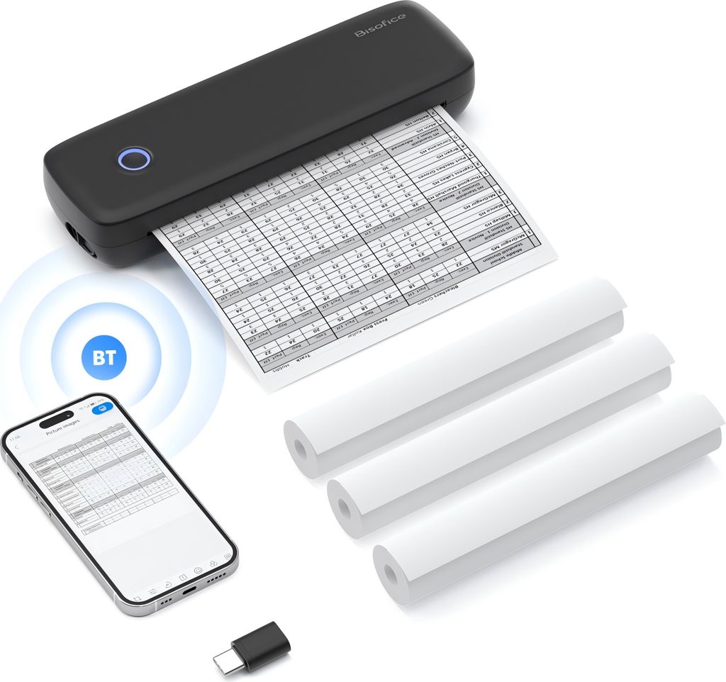 Tragbarer A4-Thermotransferdrucker, 56 mm/77 mm/107 mm/210 mm/216 mm wird mit 3 Papierrollen und Adaptern sowie 5 mehrsprachigen Anleitungen geliefert