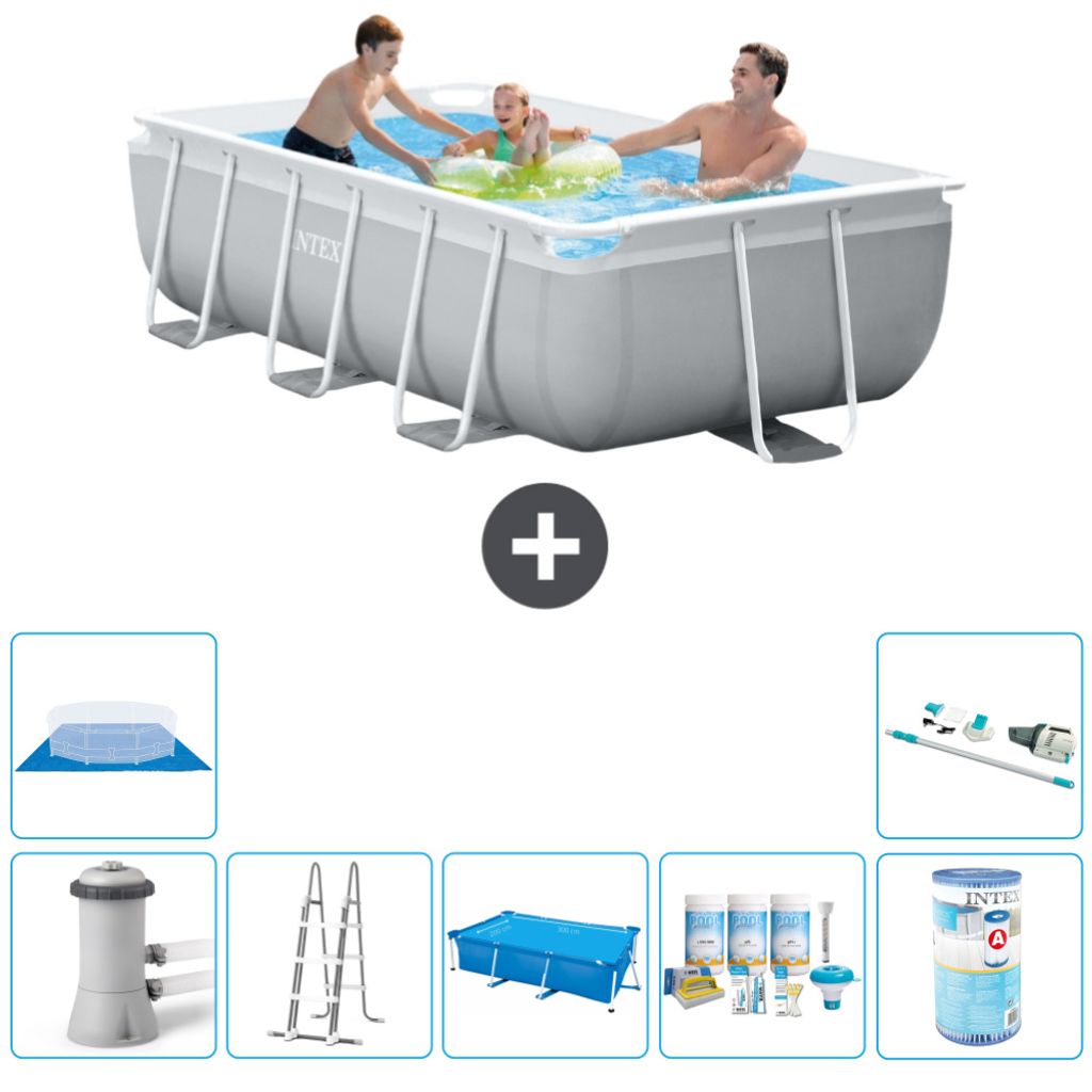 Intex Rechteckiges Prisma-Rahmen-Schwimmbecken – 300 x 175 x 80 cm – Grau – inklusive Pumpe – Leiter Sonnensegel - Wartungspaket - Filter -...