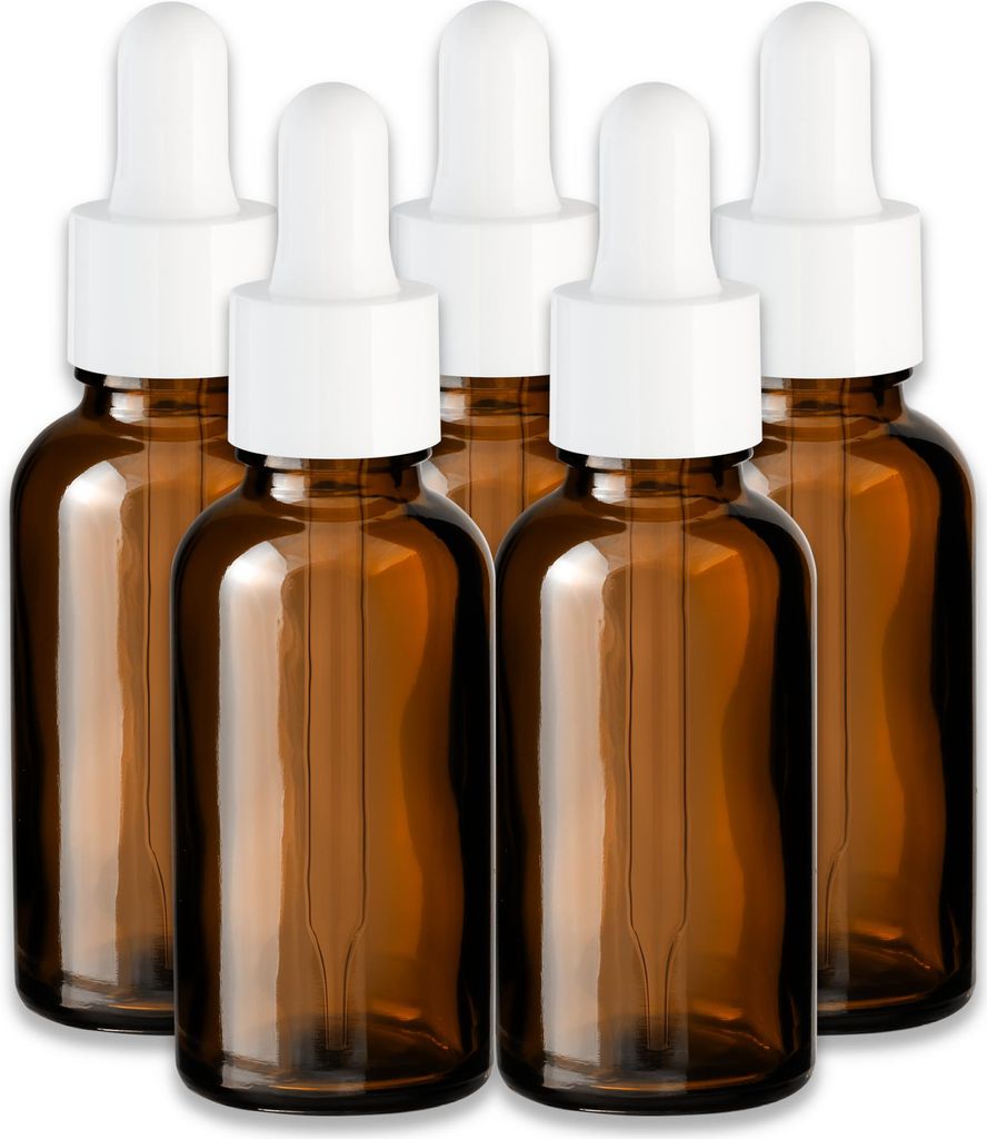 5x Braune Glasflasche 30 ml mit weißer Pipette Tropfflasche für Öl Set