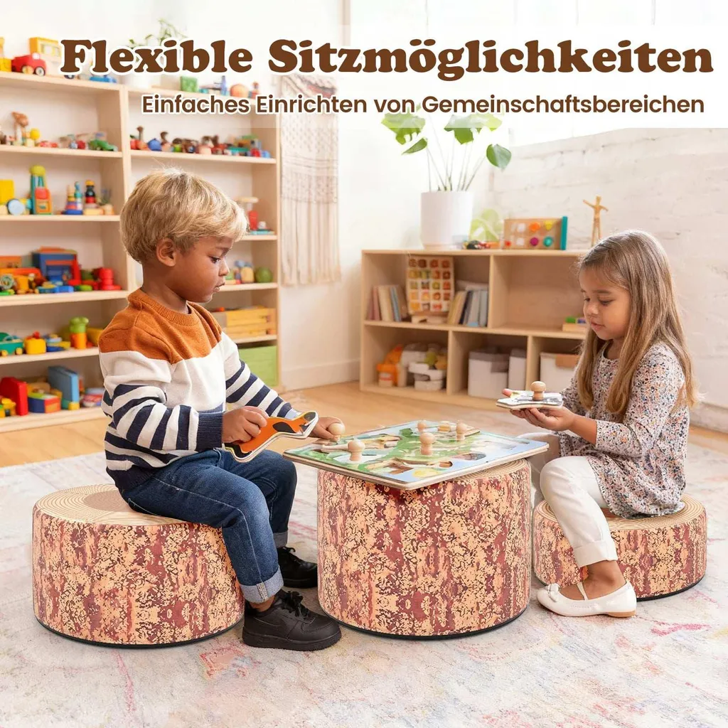Ensemble de 3 Tabourets Souche d'Arbre pour Enfant en Simili Cuir Marron