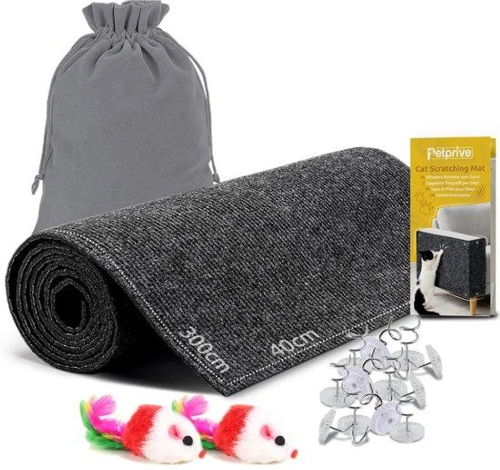 Tapis Griffoir Chat XL Noir 300x40cm Autocollant avec Jouets et Sac