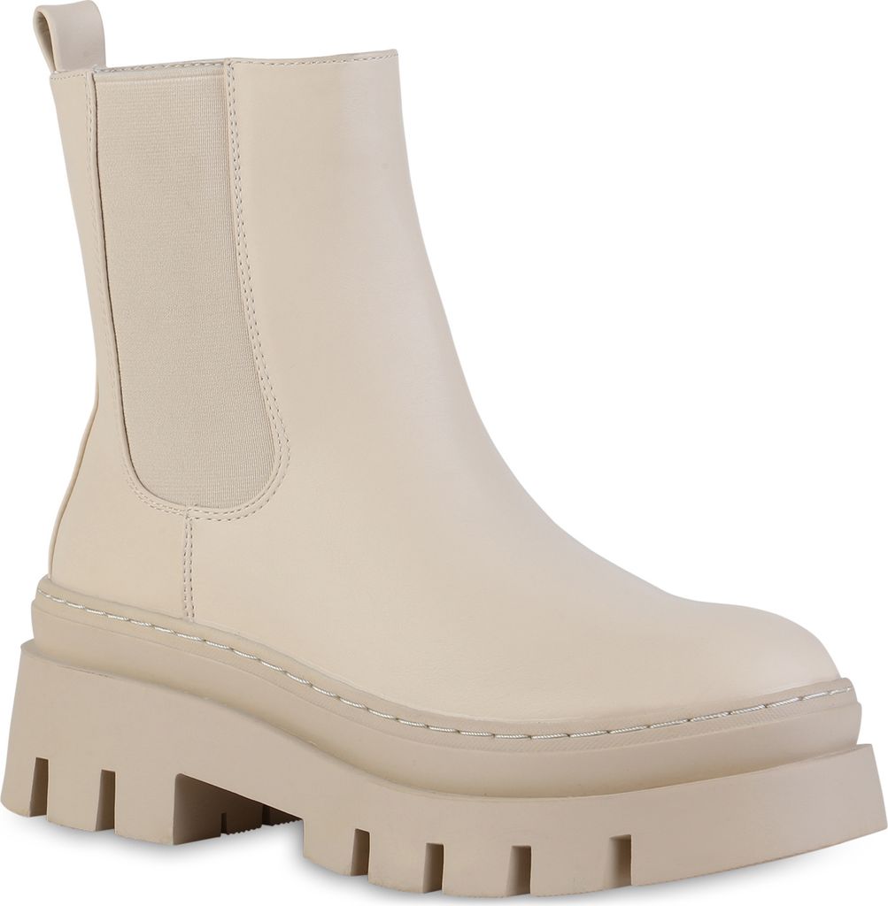 VAN HILL Damen Plateau Boots Stiefeletten Blockabsatz Stiefel Profil-Sohle Schuhe 839451, Farbe: Beige, Größe: 41