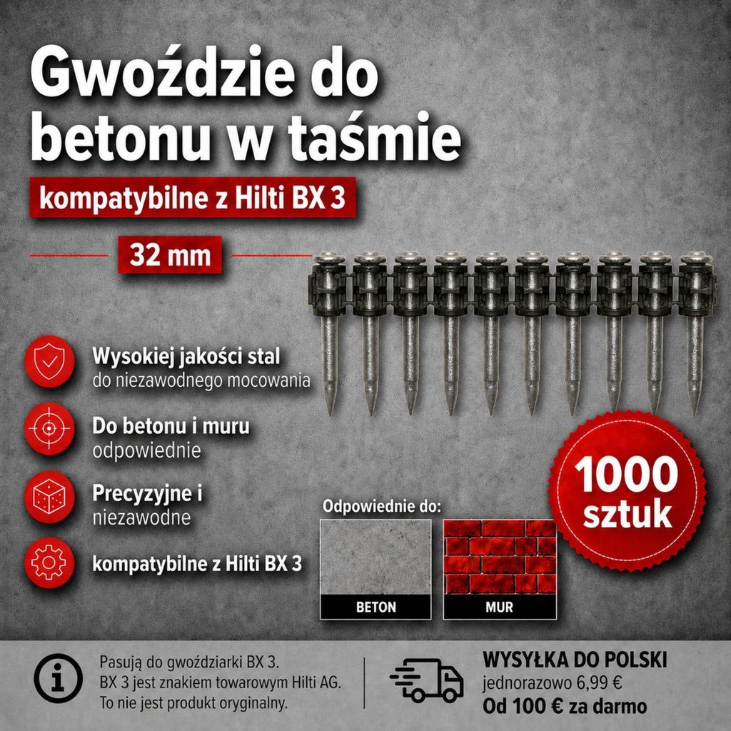 Gwoździe betonowe, 24 mm – 1000 sztuk, kompatybilne z Hilti Zdjęcie produktu 