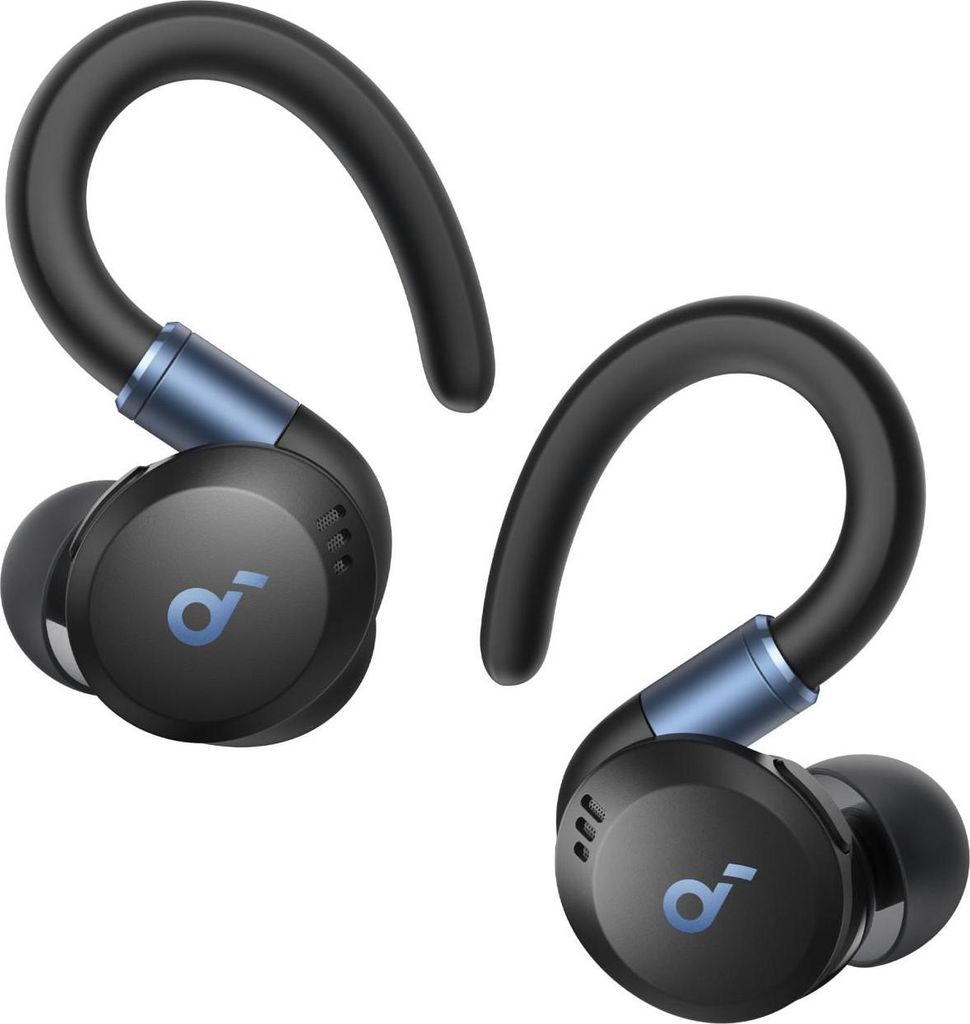A pair of black wireless earbuds with blue accents, shown against a white background.