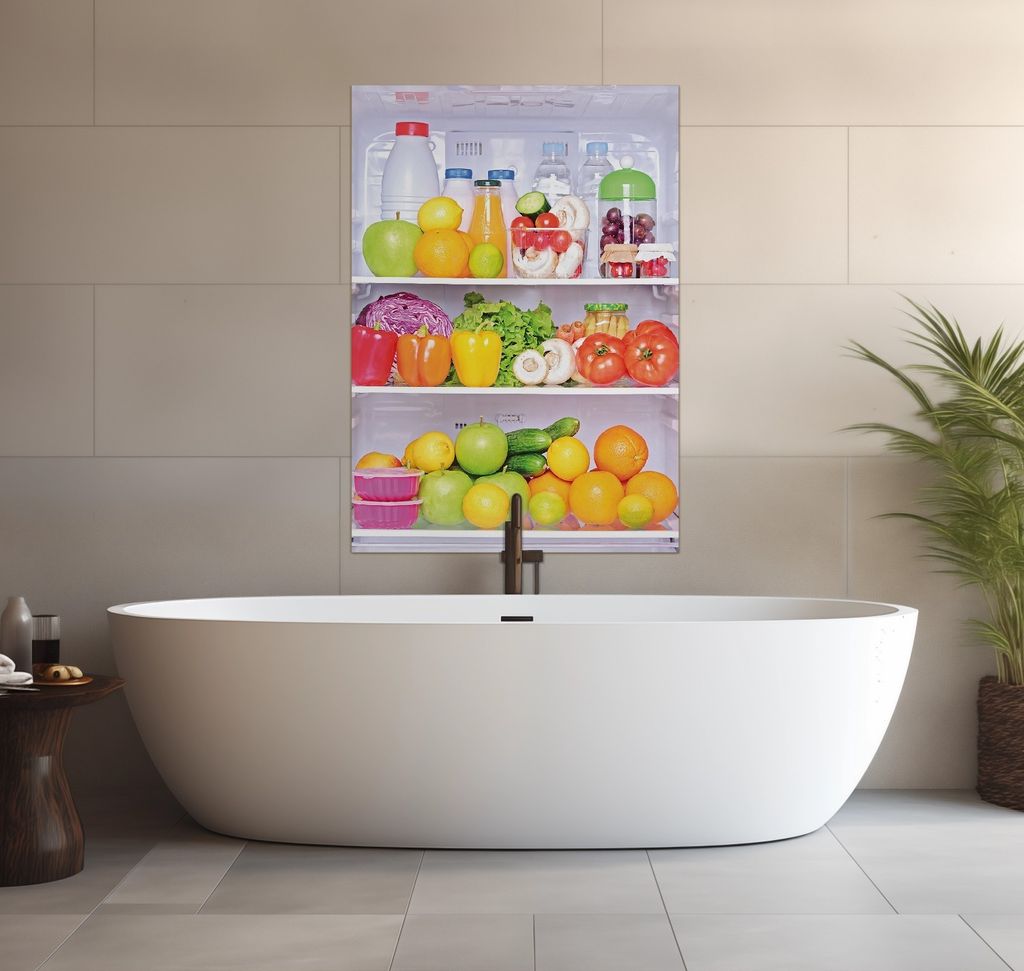 Wallario wasserfestes Poster selbstklebend 70 x 100 cm, Offener gefüllter Kühlschrank, Badezimmerposter Spritzschutz mit Hochglanzoberfläche in ...