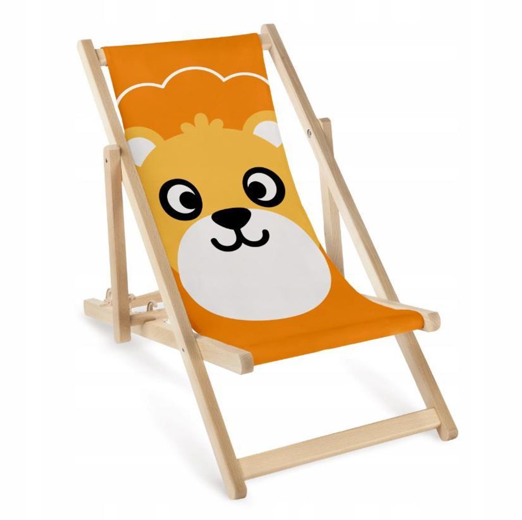 Kinder Liegestuhl Holz klappbar verstellbar „Löwe“ – Garten Sonnenliege mit Druck