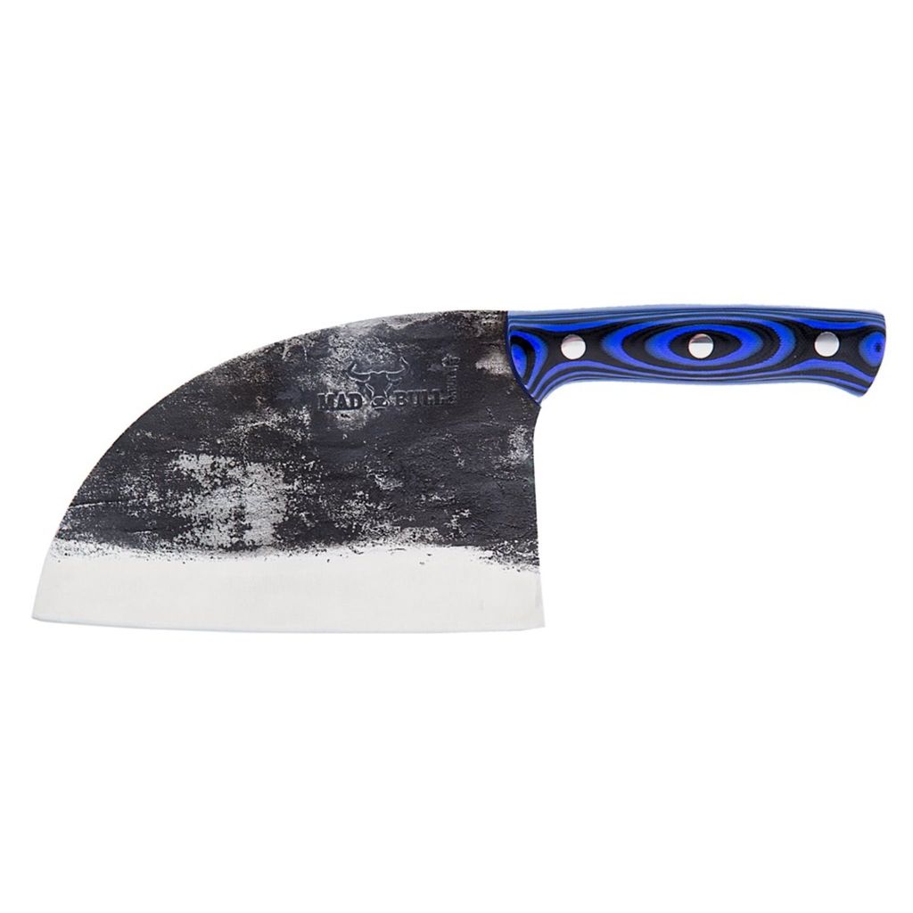 A cleaver knife with a blue and black patterned handle, isolated on a white background.