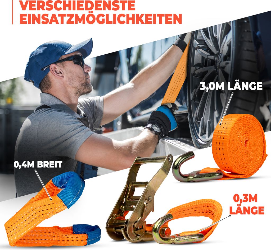 4x Spanngurte Autotransport Zurrgurt Radsicherung PKW KFZ Trailer Anhänger Verzurrsystem ORANGE