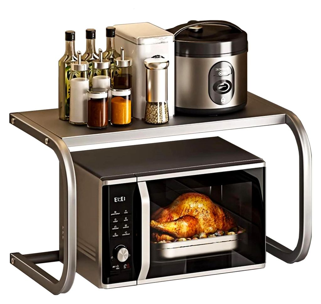 Mikrowellenständer Kohlenstoffstahl mit Regal, Arbeitsplatte, Mikrowellenregal, Küche, elektrischer Ofenhalter, Doppel-Edelstahl-Regal, graue Farbe