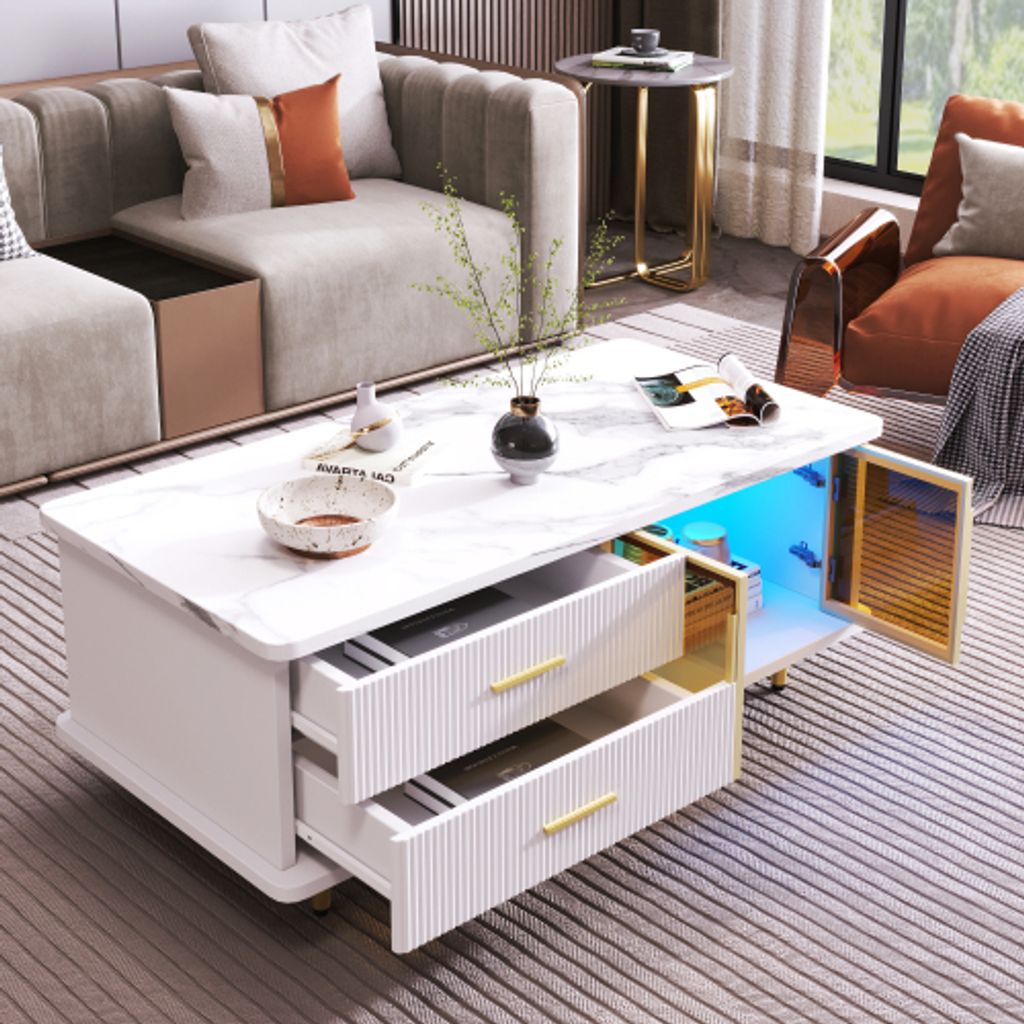 UnboxG Couchtisch mit Stauraum, Beistelltisch mit LED-Leuchten, für Wohnzimmer, rechteckiger Mitteltisch mit 2 Schubladen, Home-Office-Möbel