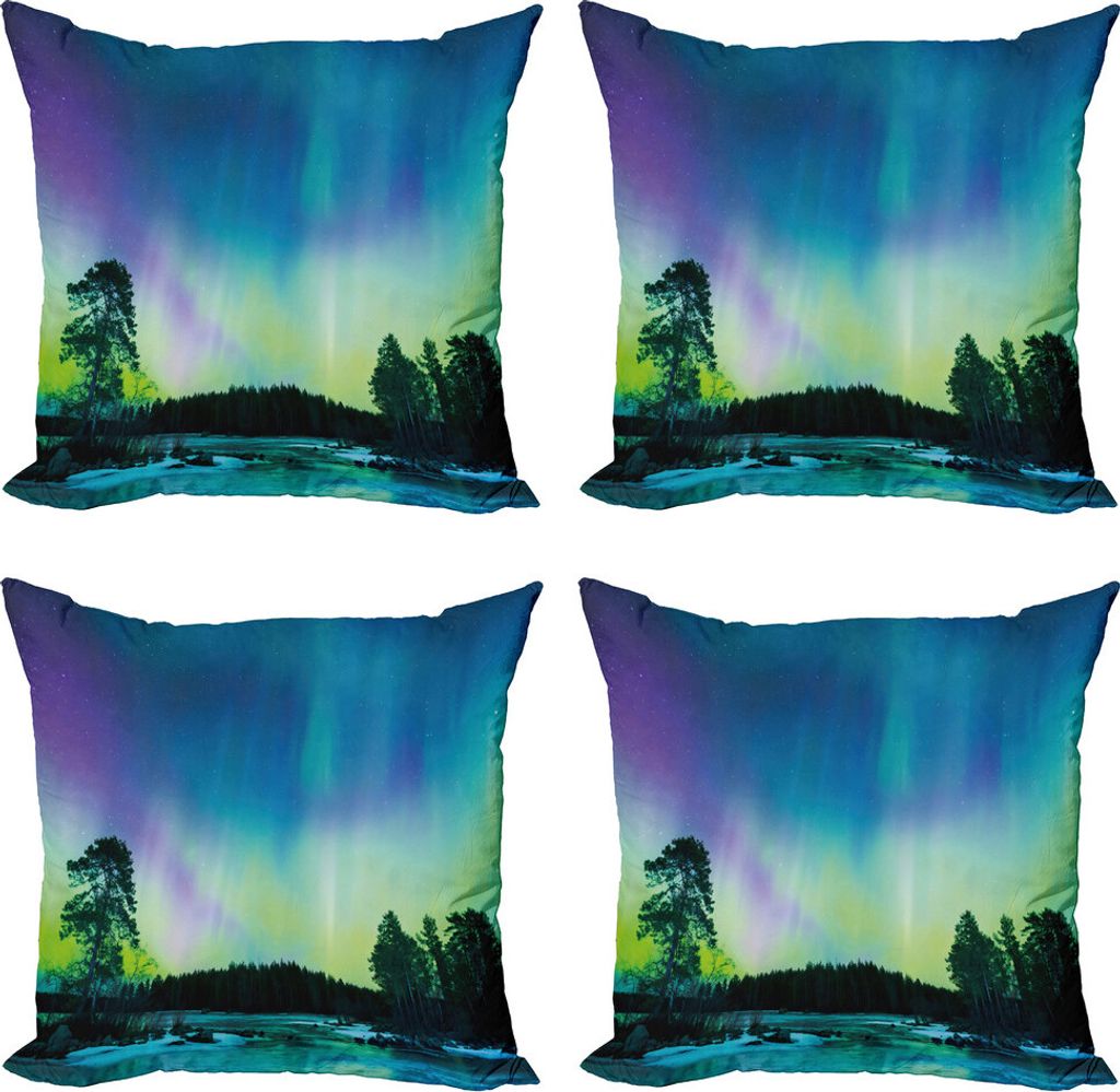 ABAKUHAUS Nordlicht Kissenbezug Set (4 Stück), Lake Forest Woods, Moderner Doppelseitiger Digitaldruck, 45 cm x 45 cm, Violet Blue Lime Green