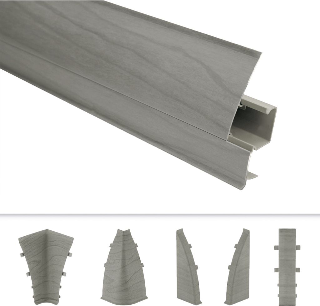 LEMAL Sockelleisten und Zubehör - PVC Fußleisten 70x50mm mit Kabelkanal - (1 Innenecke, IE.8602 Holzoptik grau) Holzoptik Ecken Verbinder Außen ...