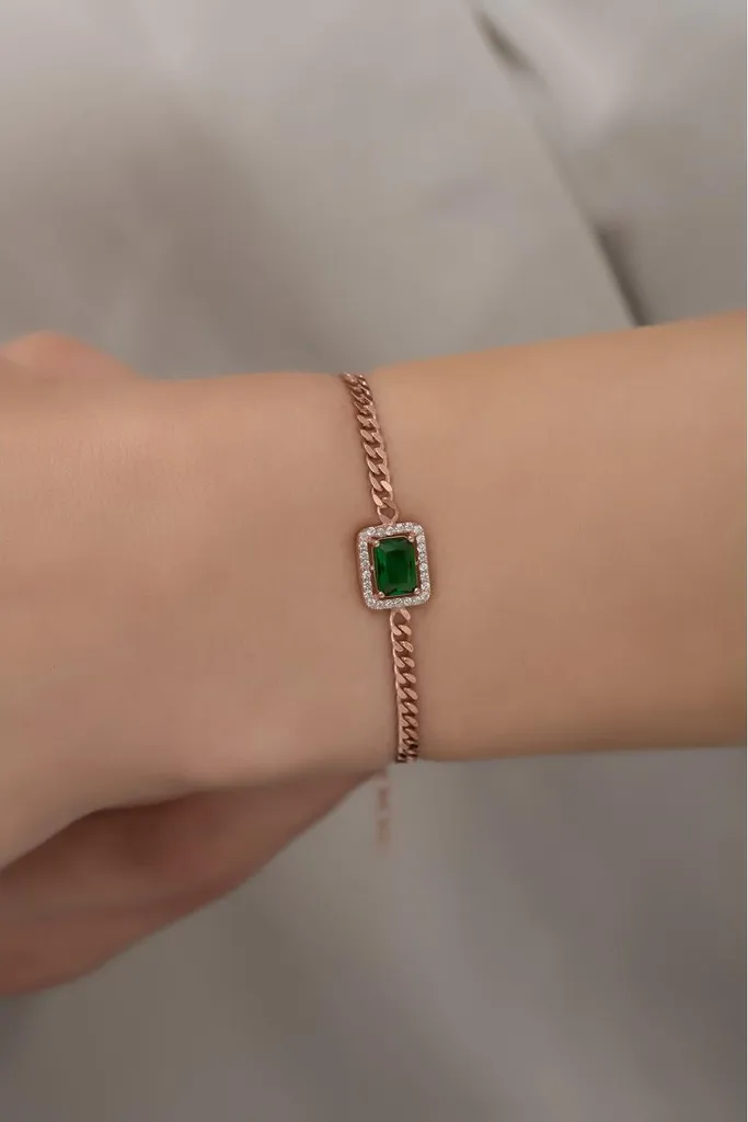 Bracelet gourmette femme en argent 925 plaqué or rose et zircone vert