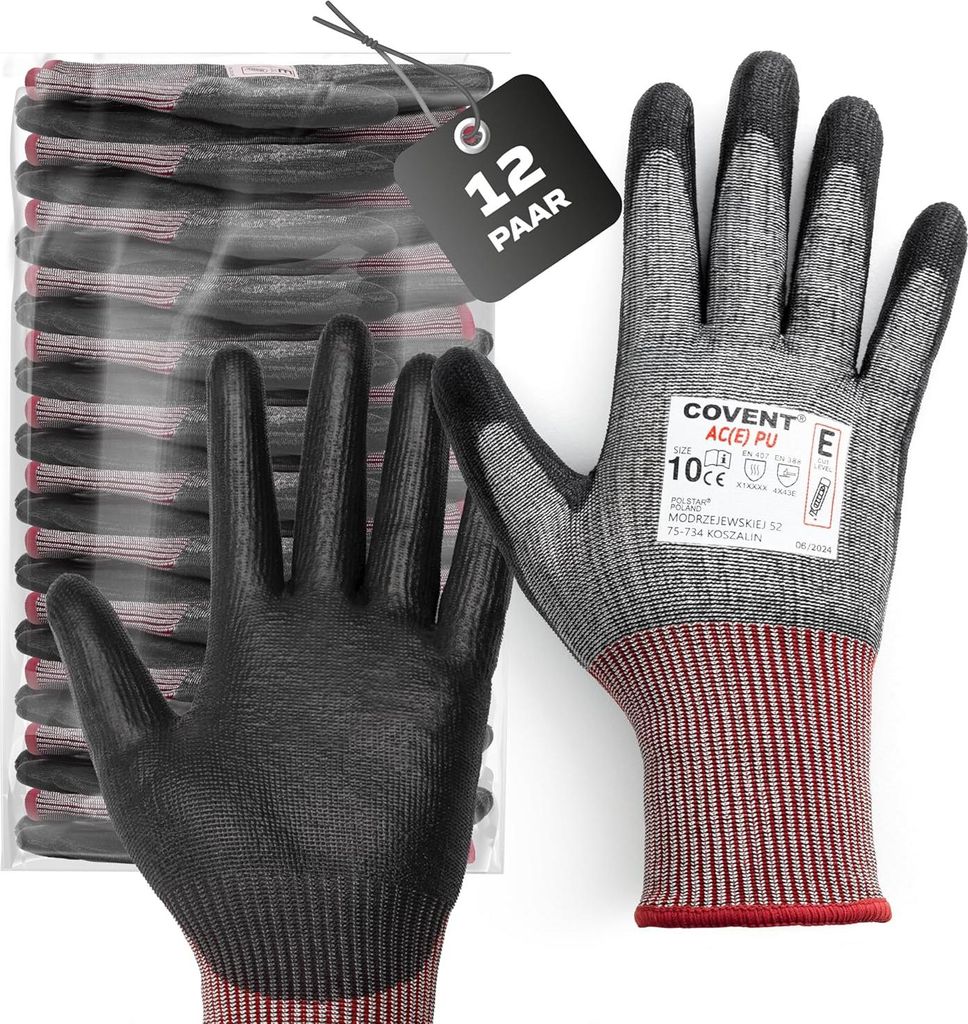 12er Set Covent PolyurethanArbeitshandschuhe Herren Gr. 10 – EN388 4X43E Montagehandschuhe Kategorie II – Schutzhandschuhe für Bau, Metall & I...
