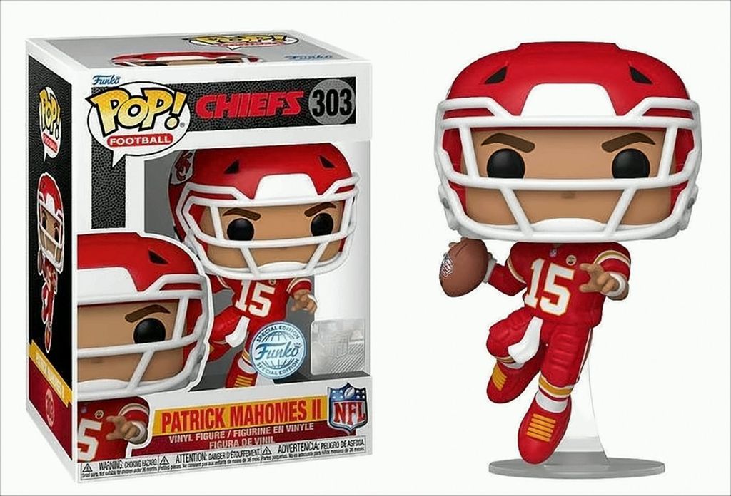 A Funko Pop! vinyl figure of Patrick Mahomes II in his Kansas City Chiefs uniform, shown both in its packaging and displayed outside of it.