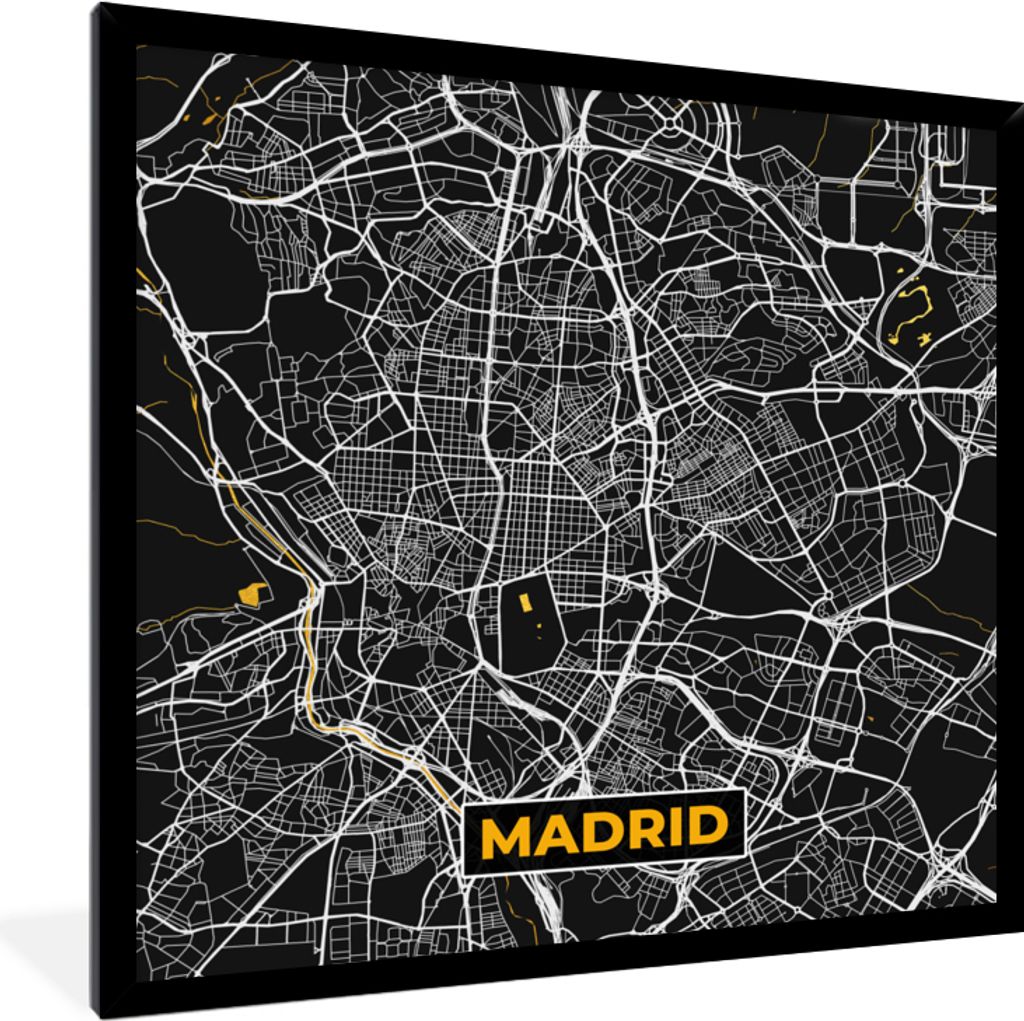 MuchoWow Gerahmtes Poster Madrid - Gold - Stadtplan - Karte 40x40 cm - Poster mit Schwarzem Bilderrahmen Wandposter Rahmen Foto Bilder - Mit Rahm...