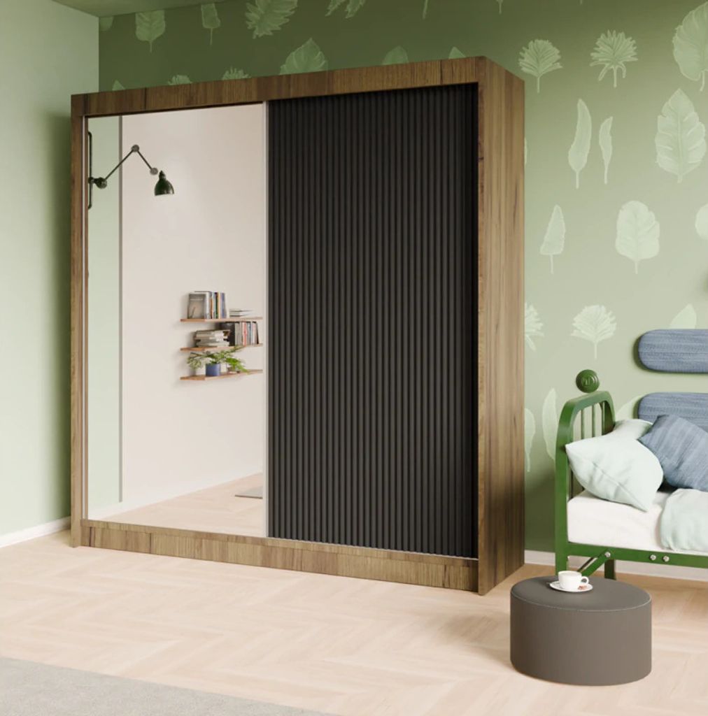 Schwebetürenschrank, 2-türig Kleiderschrank und Spiegel, Moderne Garderobe, Schrank in Größe: 200 x 215 x 61 cm