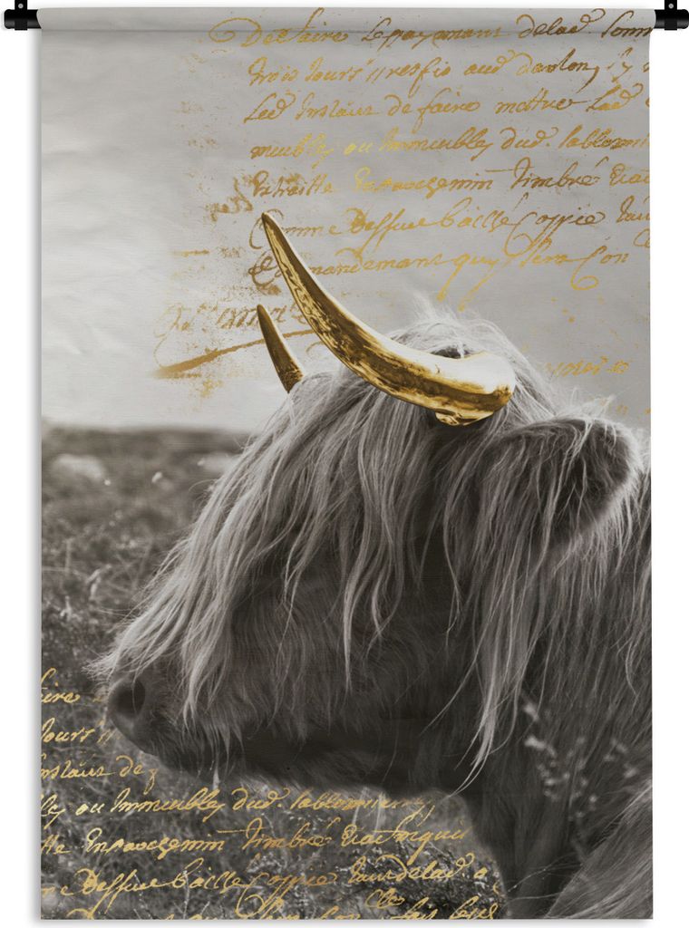 MuchoWow Wandteppich Wandbehang Schottischer Highlander - Gold - Text 120x180 cm Tapisserie Dekoration Wandtuch - Schlafzimmer - Dekorationen fü...