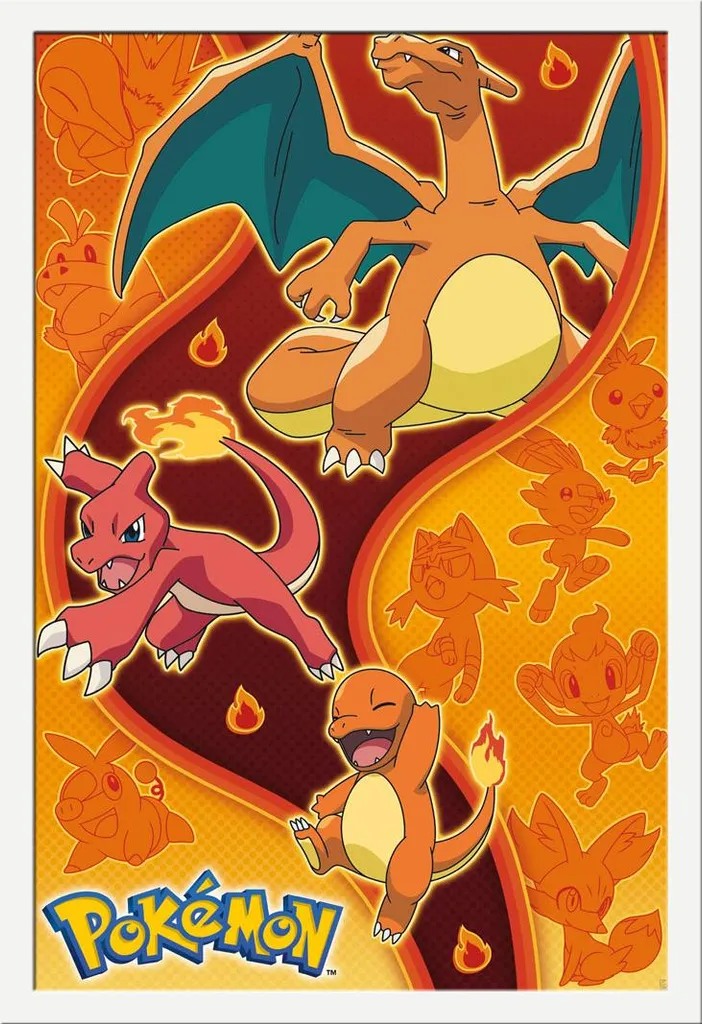 Poster Pokemon Tipo Fuoco 61x91,5 cm con Cornice MDF Bianca - Acquista Ora