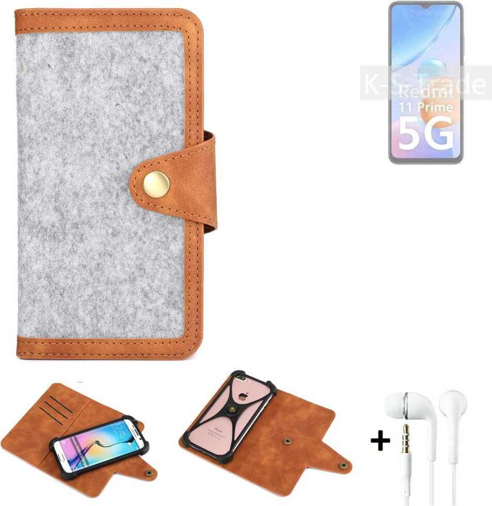 K-S-Trade Handyhülle + Kopfhörer kompatibel mit Xiaomi Redmi 11 Prime 5G Schutzhülle Filz Hülle Kunstleder hellgrau braun (1x)