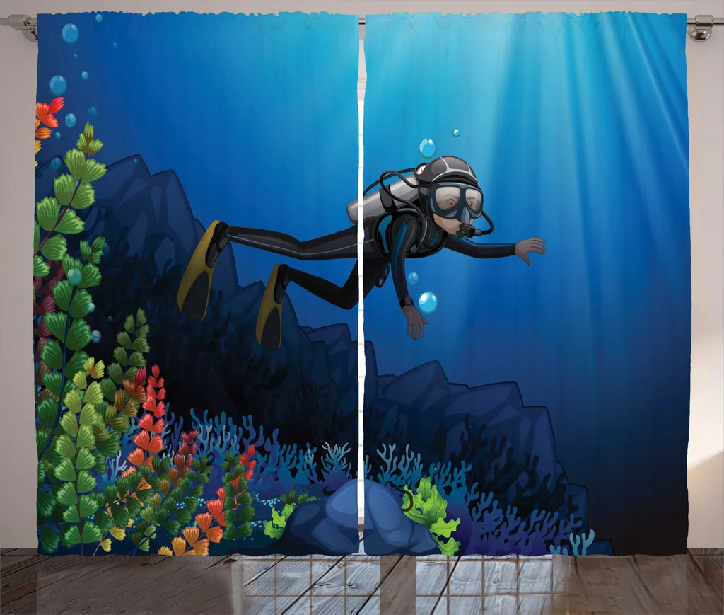 Grand rideau décoratif Deep Sea 280x225 cm, motif Art Sous-Marin Bleu