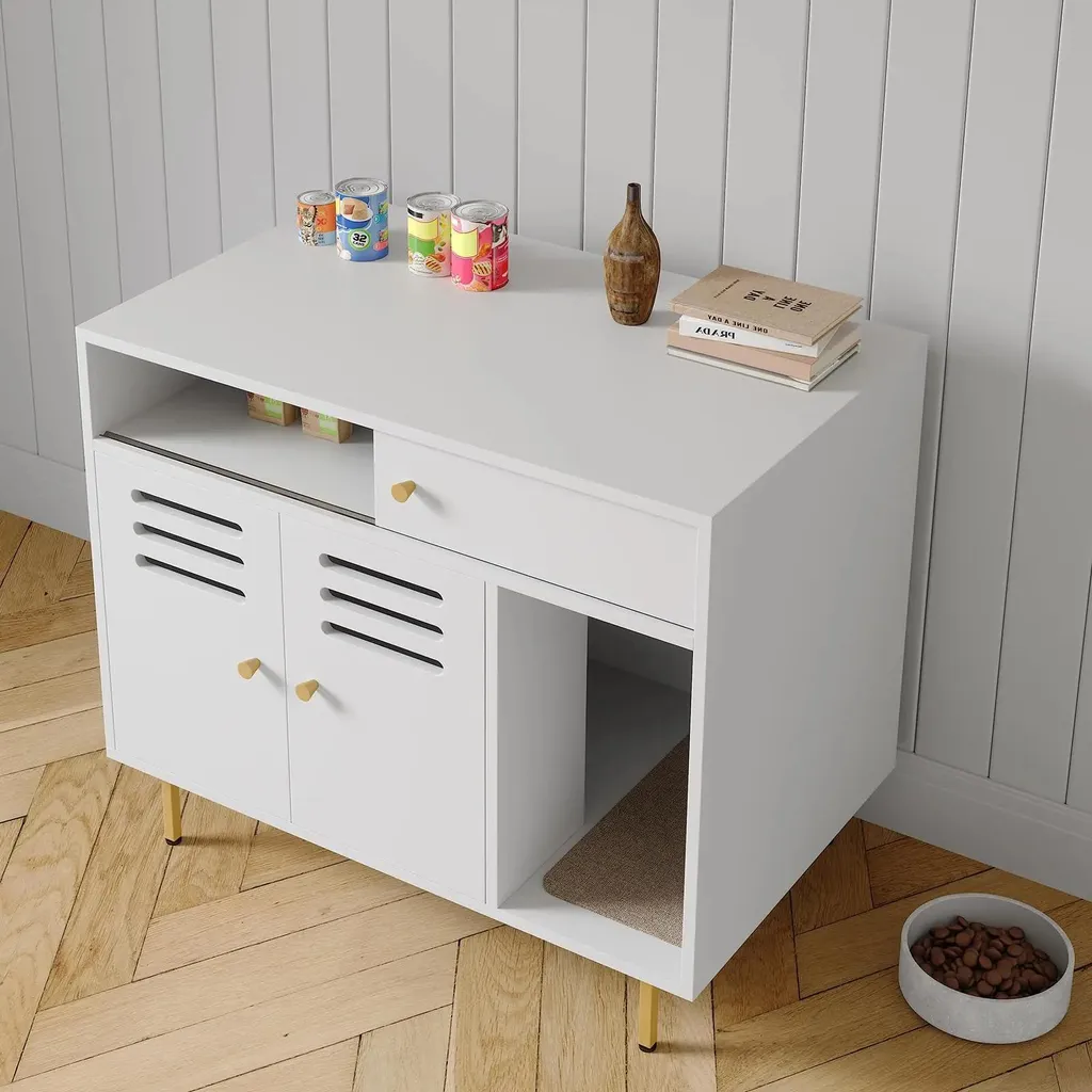 Table d'appoint pour chat avec compartiment litière caché coloris blanc - 2