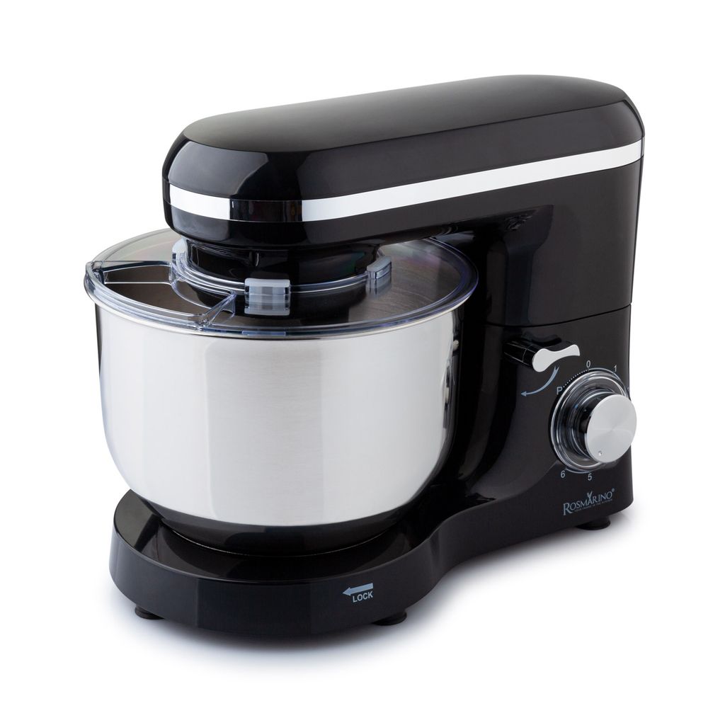 A black kitchen mixer with a silver bowl is shown against a white background.