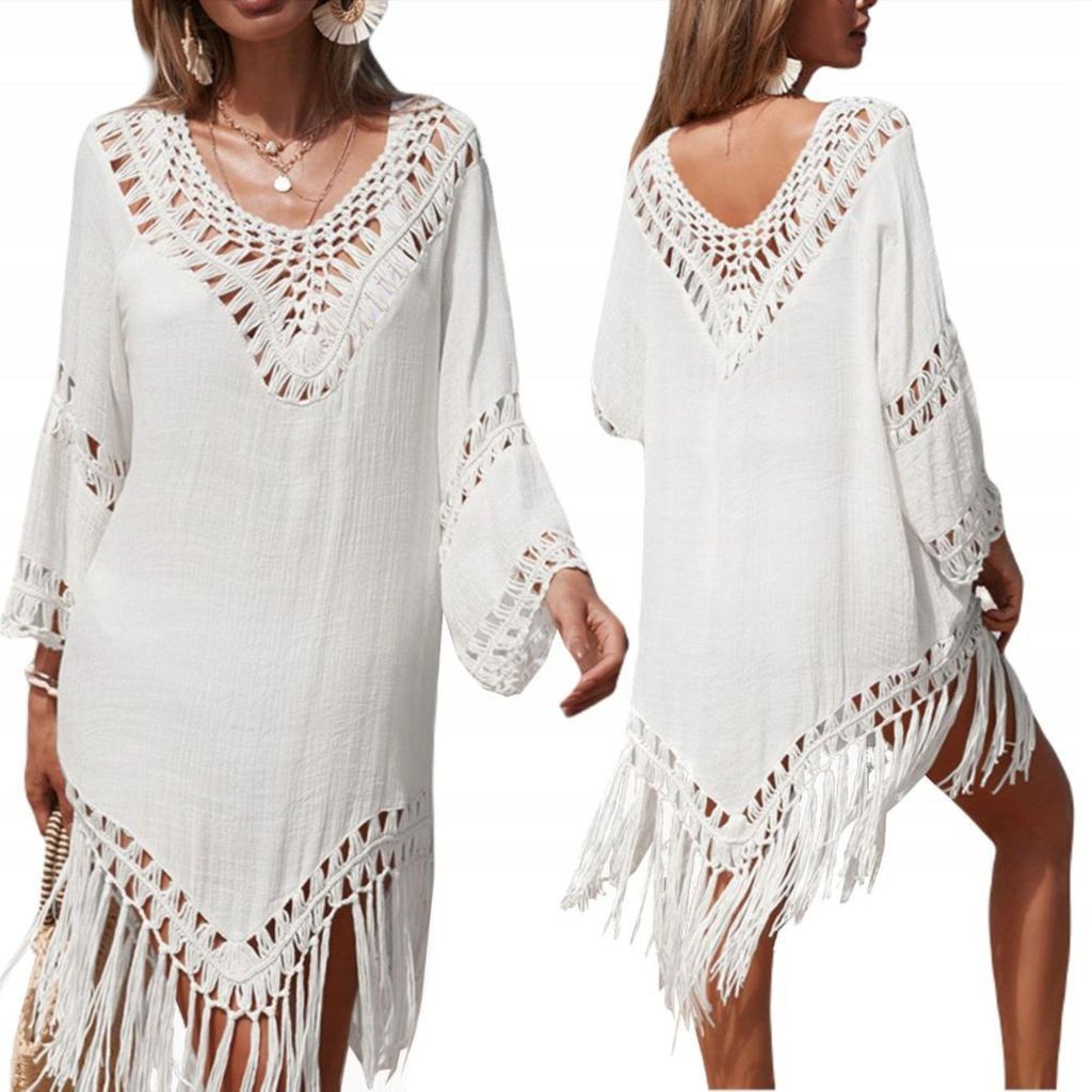 Pareo - Sommertunika - Strand - luftig - Damenkleid - Boho für den Strand - mit Fransen - Weiß