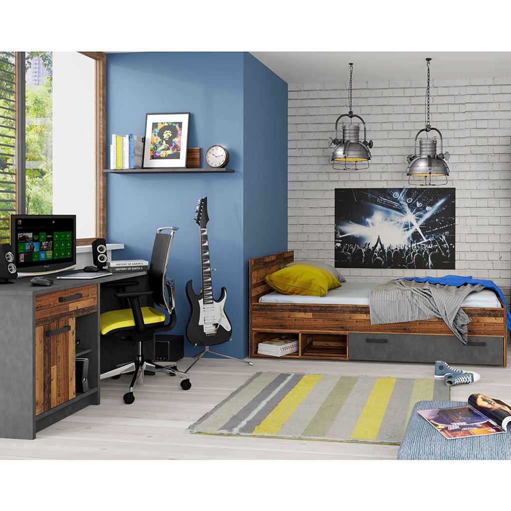 Jugendzimmer Set NELSON-129 mit Bett 90x200 und Schreibtisch, in grau mit Holz