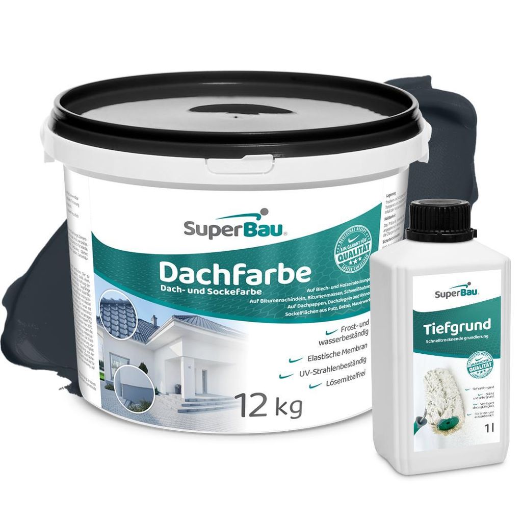 Superbau Dachfarbe Anthrazit 12kg, SET MIT TIEFGRUND 1L, Sockelfarbe WASSERDICHT, Dachbeschichtung für Blechdach, Bitumen, Dachpappe, Schindeln, Putz