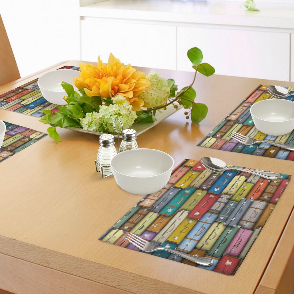 ABAKUHAUS Modern Platzmatten, Bunter Koffer-Hintergrund-Weinlese-Reise-Reise-Feiertags-themenorientierter Artful Entwurf, Tiscjdeco aus Farbfesten ...