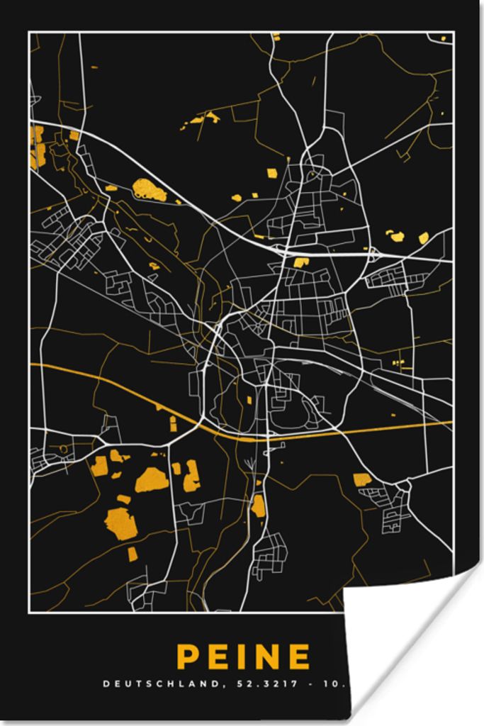 MuchoWow Poster Peine - Stadtplan - Schwarz und Gold - Karte - Deutschland - Karte 80x120 cm - Papierdruck
