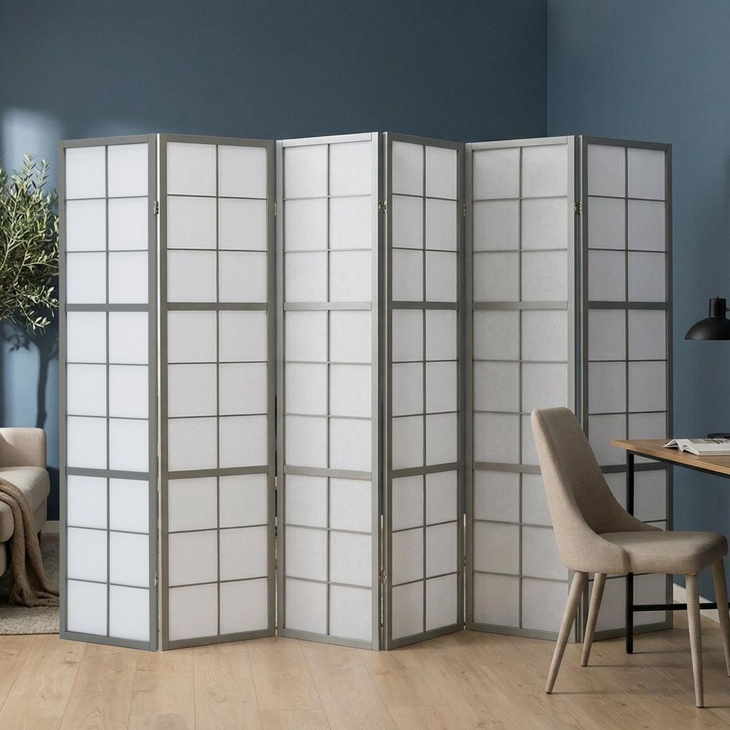 Homestyle4u Paravent Raumteiler 6 teilig Holz Grau Shoji Produktbild 