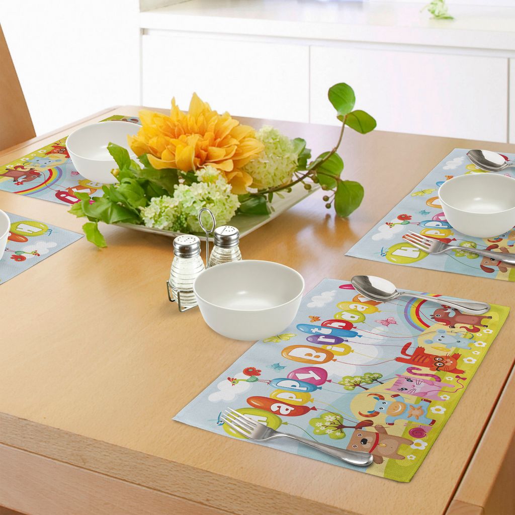 ABAKUHAUS Kindergeburtstag Platzmatten, Bauernhof Leben Tiere Luftballons Regenbogen Wolken Dorf Thema Party Fun Kunstdruck, Tiscjdeco aus Farbfest...