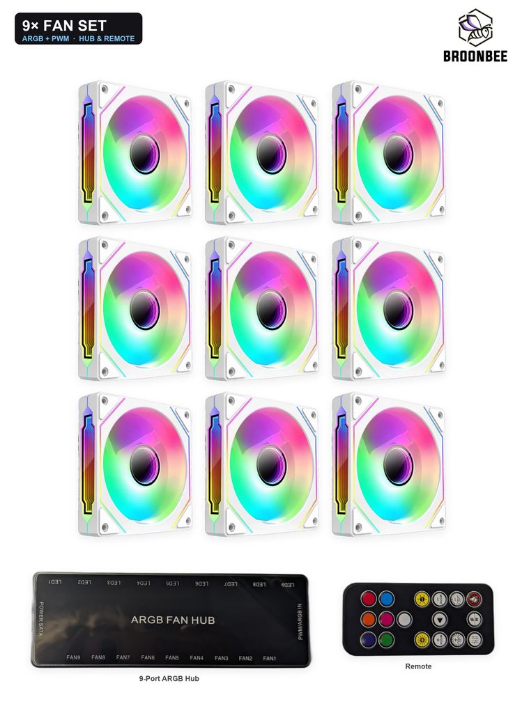 BROONBEE 9x ARGB PWM Gehäuselüfter 120mm Set Weiss mit ARGB Controller & Fernbedienung – RGB Lüfter, adressierbar 5V 3-Pin Fan