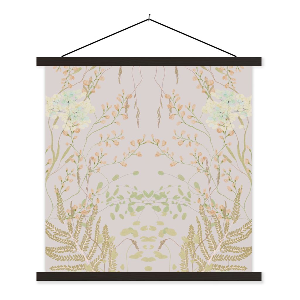 MuchoWow Textilposter Blätter - Blumen - Pastell - Grau 120x120 cm mit schwarzem Rahmen - Aufhängungsset