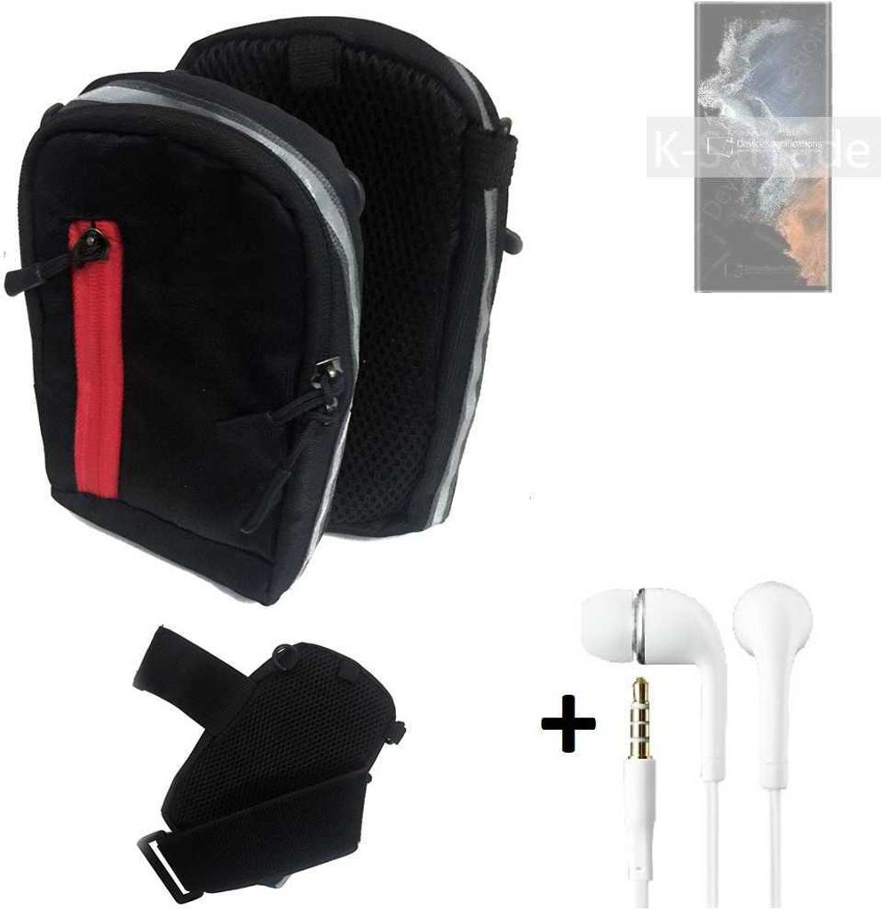K-S-Trade Outdoor Gürteltasche Holster Umhängetasche + Kopfhörer kompatibel mit Samsung Galaxy S22 Ultra Exynos schwarz Handy Tasche Case travelbag