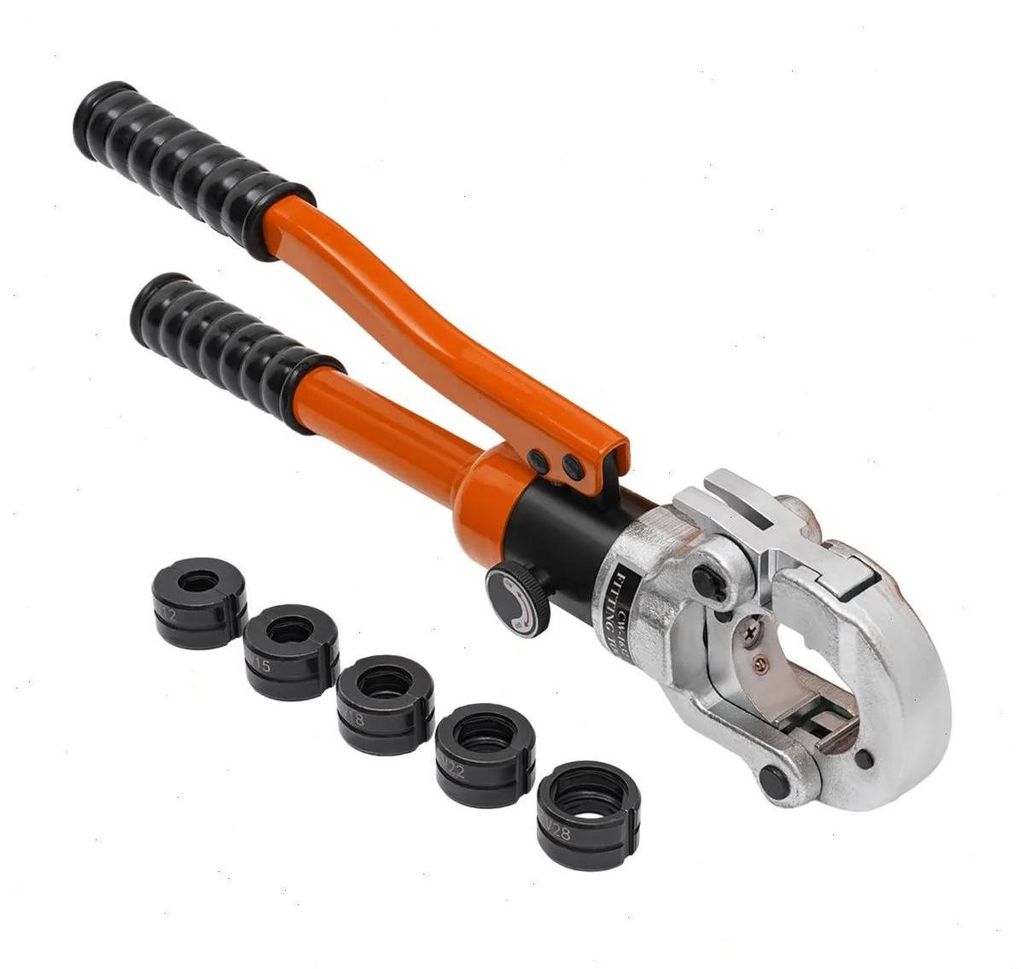 Hydraulisches Crimpzangen Set - Manuelle Presszange 80 kN 12–28 mm mit V-Einsätzen - Für Kabelschuhe, Leitungen & Kupferrohre - Orange