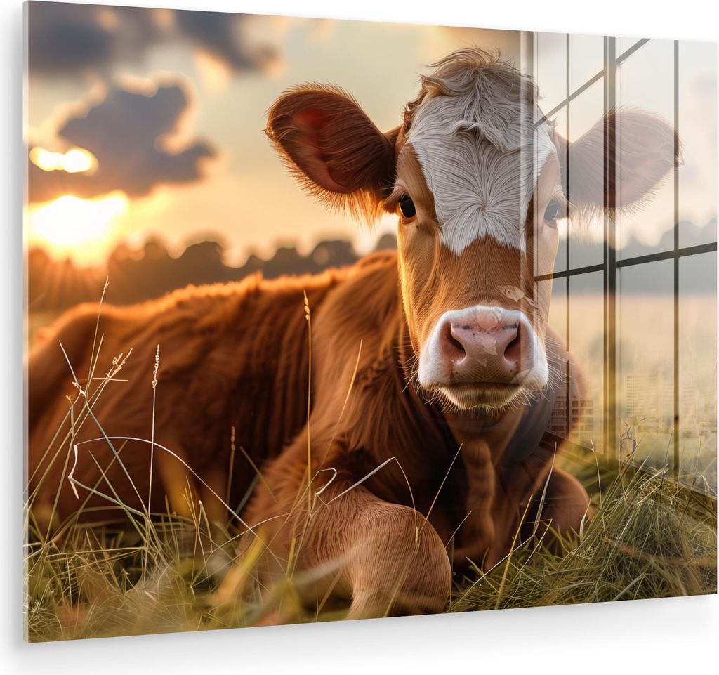 MuchoWow Glasbilder - Bilder auf Wandbild - Foto auf Glas Kuh - Tier - Wiese - Gras - Tiere - Natur 40x30 cm Wanddekoration aus Glas - Acrylglasbil...