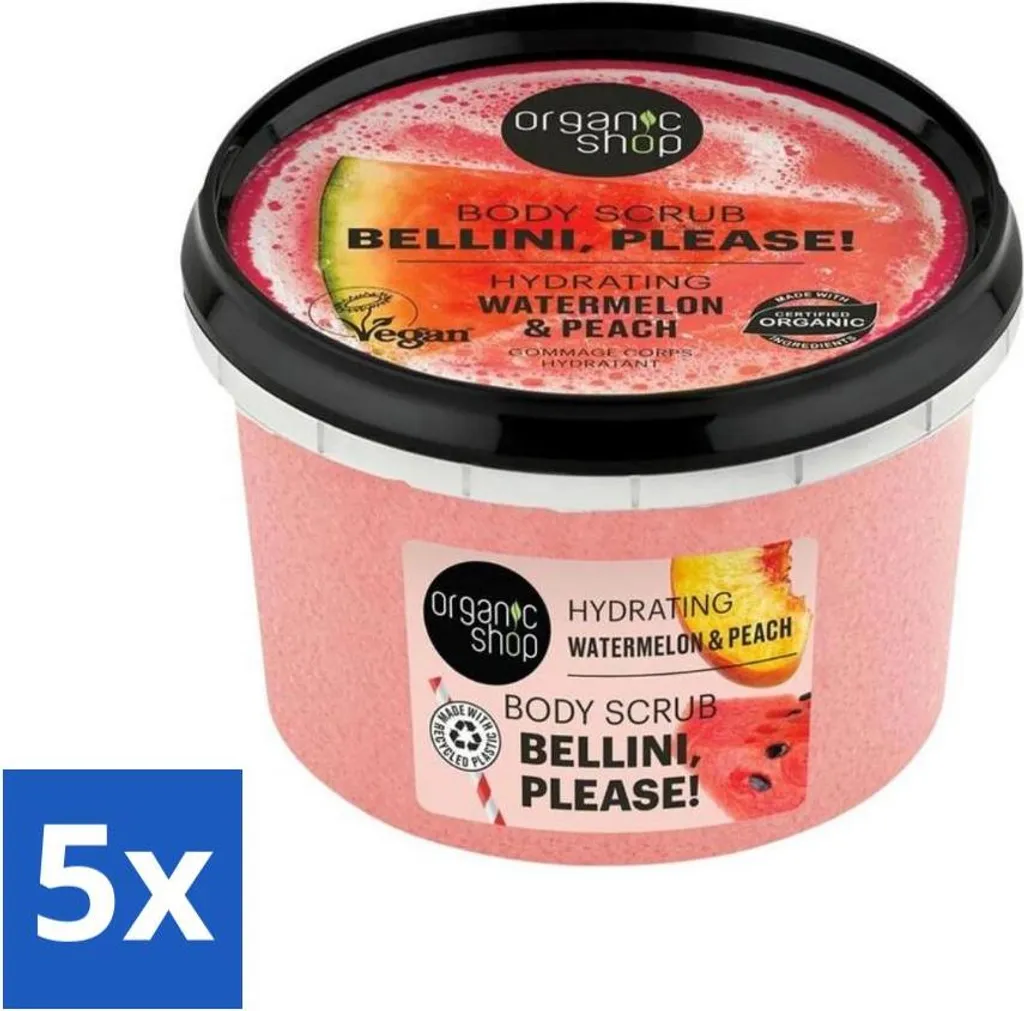 Organic Shop - Scrub corpo anguria e pesca - Idratazione e freschezza - 250 ml - Value pack - 5 pezzi